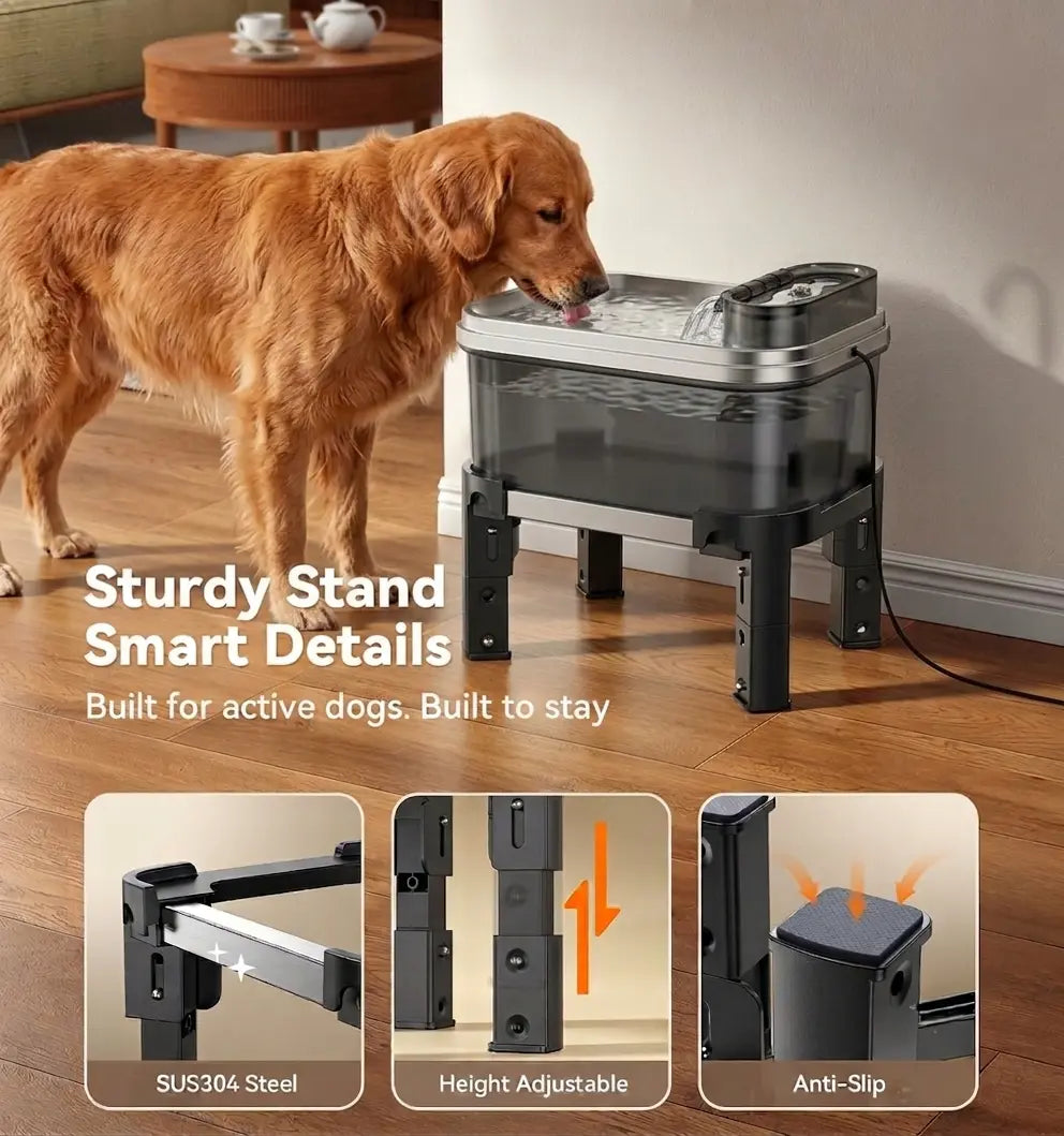 Height Adjustable Pet Water Fountain - 10L Elevated Dog Water Bowl with Filtration System, 4-Level Adjustable Stainless Steel Dispenser for Cats and Dogs, Ultra-Quiet Operation, Spill-Free Design