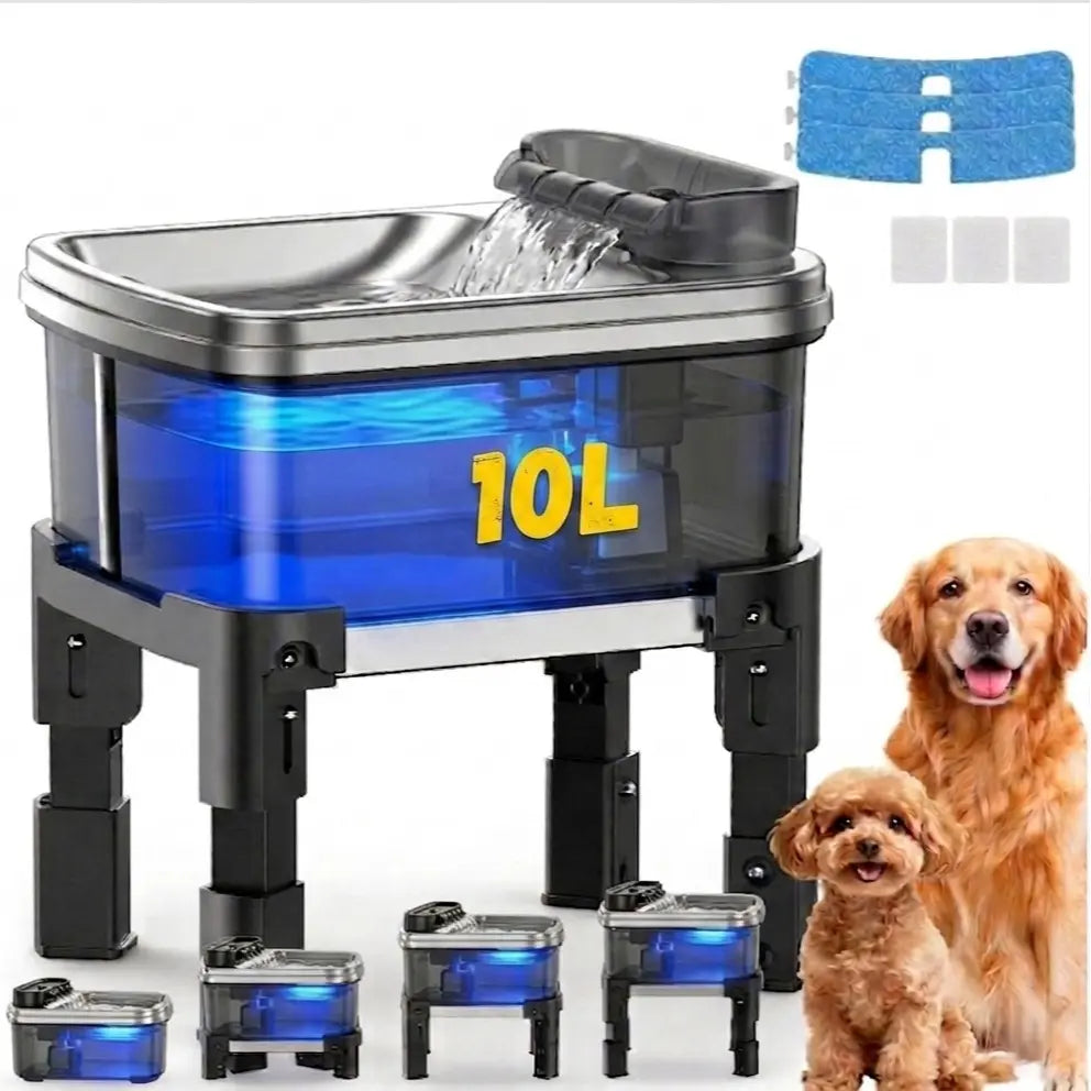 Height Adjustable Pet Water Fountain - 10L Elevated Dog Water Bowl with Filtration System, 4-Level Adjustable Stainless Steel Dispenser for Cats and Dogs, Ultra-Quiet Operation, Spill-Free Design